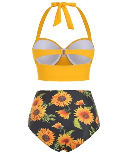 Sets 2020 Women Padded Push Up Bikini Set Floral Halter High Waisted Two Piece Beachewear Swimsuit Bathing Suit S-5XL - A-yel...