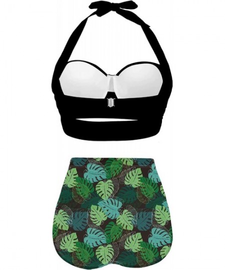 Sets Classic Summer HalterTropical Monstera Leaf Seamless Pattern Bikini Set - Black-1 - C9196N4EXUG