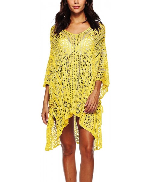 Cover-Ups Women's Crochet Lace Hollow-Out Cover up Bikini Swimwear Bathing Suit Beachwear - Yellow - C718LU3HXQE