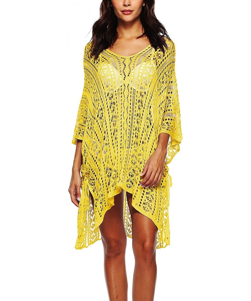 Cover-Ups Women's Crochet Lace Hollow-Out Cover up Bikini Swimwear Bathing Suit Beachwear - Yellow - C718LU3HXQE