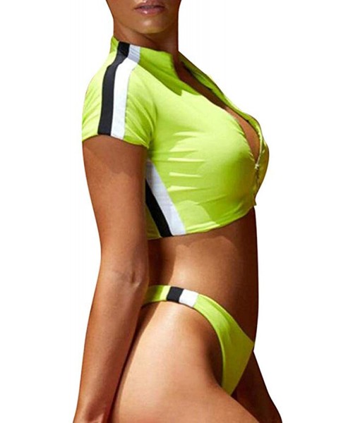 Rash Guards Women's Rash Guard Short Sleeve High Waist 2 Piece Sporty Bikini Bathing Suits - Fluorescent Green - CE18OSKSY7C