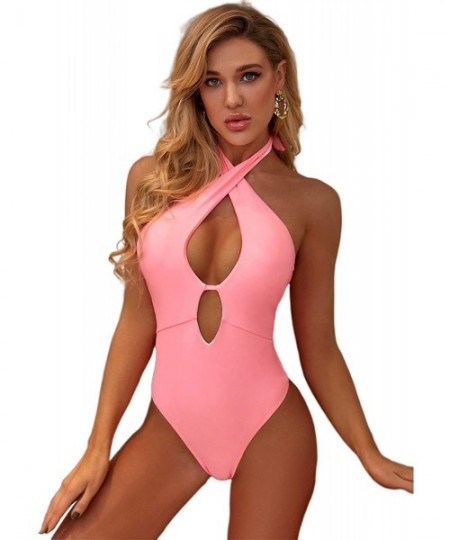 One-Pieces Women's One Piece Swimsuit V Neck Plunge Mesh Fishnet Backless Monokini Swimwear - Pink-2 - C2195SOIA2Q