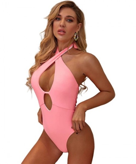 One-Pieces Women's One Piece Swimsuit V Neck Plunge Mesh Fishnet Backless Monokini Swimwear - Pink-2 - C2195SOIA2Q