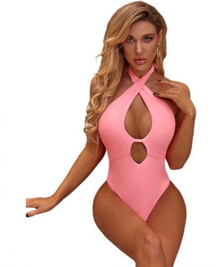 One-Pieces Women's One Piece Swimsuit V Neck Plunge Mesh Fishnet Backless Monokini Swimwear - Pink-2 - C2195SOIA2Q