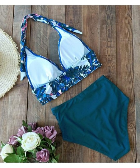 Sets Women High Waisted Swimsuit Triangle Top Two Piece Bikini Tummy Control Bathing Suit - Leaves 2 - C419EYEWKCM