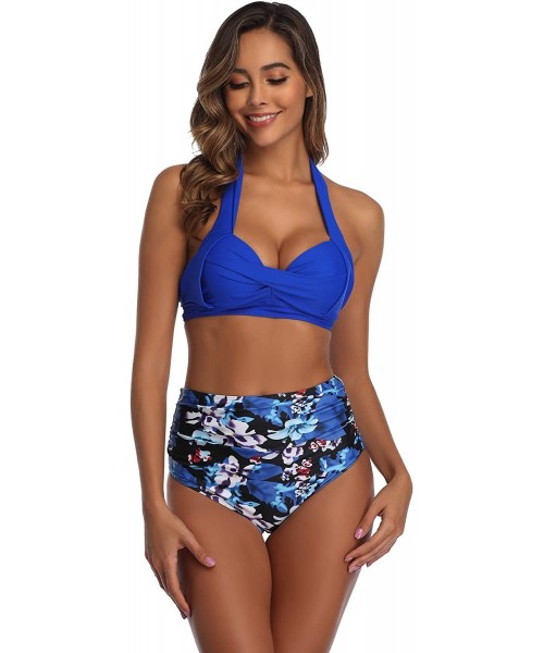 Sets Women Vintage Swimsuit Two Piece Retro Halter Ruched Printed High Waist Bikini Set - Blue Floral - CK19E6AGX6T