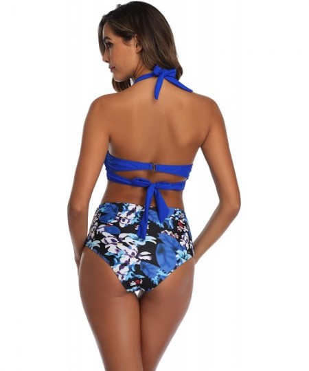 Sets Women Vintage Swimsuit Two Piece Retro Halter Ruched Printed High Waist Bikini Set - Blue Floral - CK19E6AGX6T