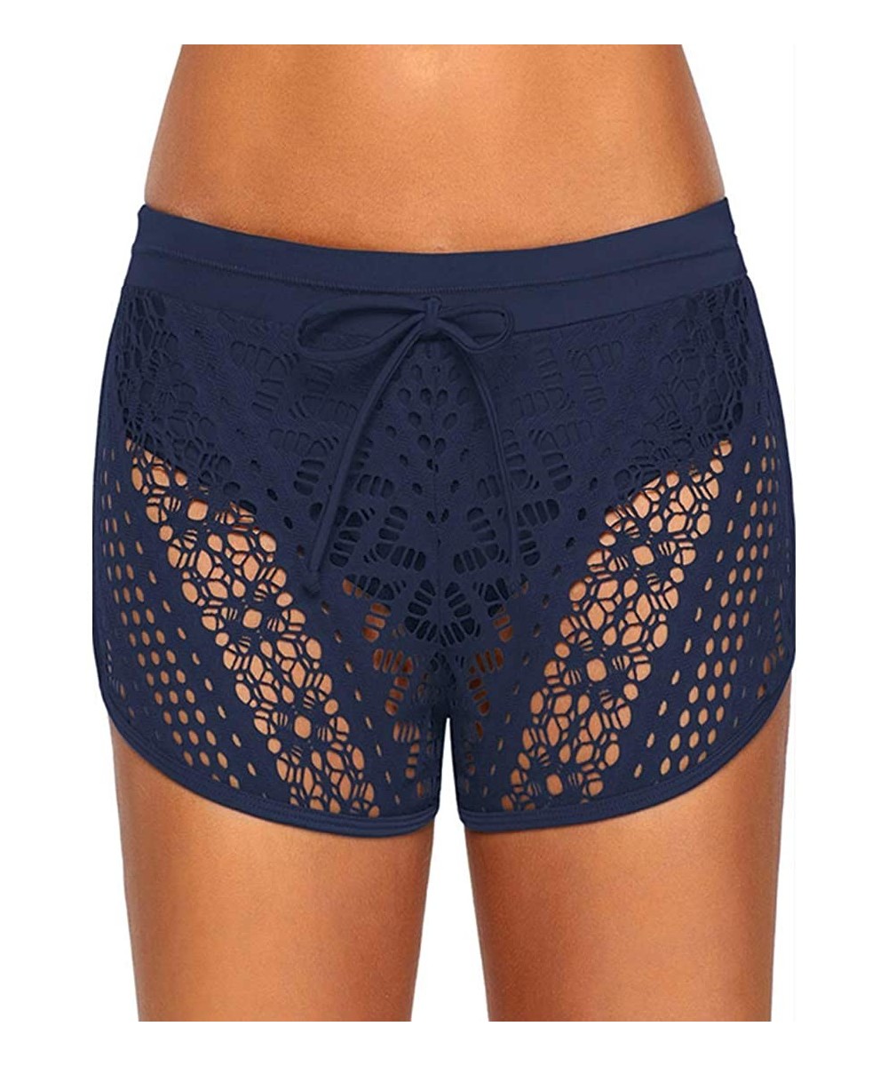 Racing Women's lace Swim Trunks superimposed Hollow Lined Bikini Shorts Bottom - Dark Blue - CE18NTGS7OQ