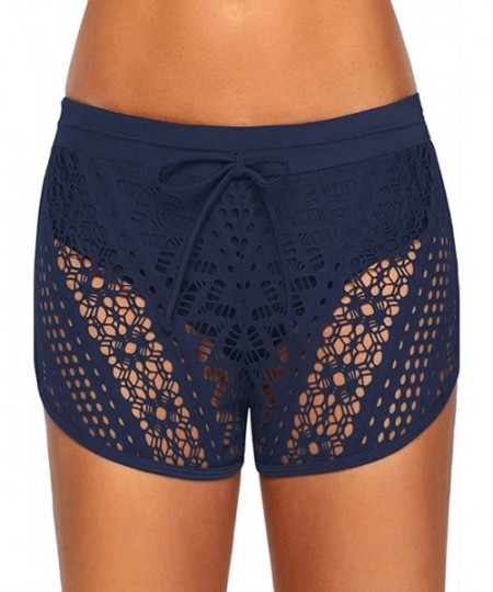 Racing Women's lace Swim Trunks superimposed Hollow Lined Bikini Shorts Bottom - Dark Blue - CE18NTGS7OQ