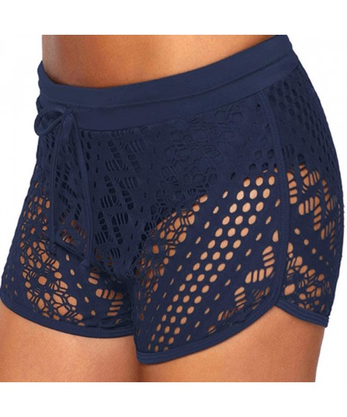 Racing Women's lace Swim Trunks superimposed Hollow Lined Bikini Shorts Bottom - Dark Blue - CE18NTGS7OQ