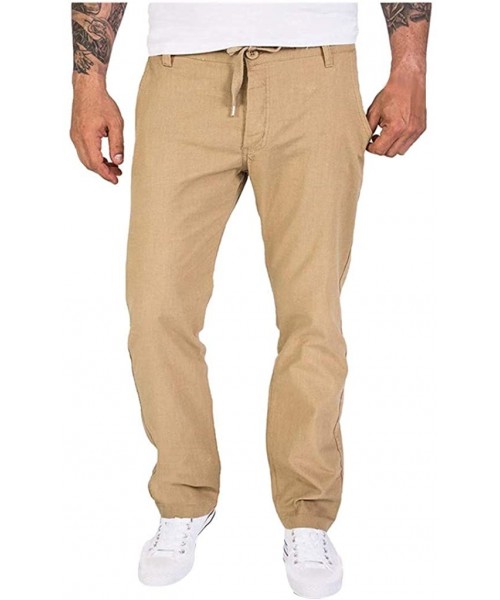 Rash Guards Men's Linen Pants Loose Fit Straight-Legs Stretchy Waist Casual Cargo Trousers with Drawstring - Khaki - CG18ZGE8XGY