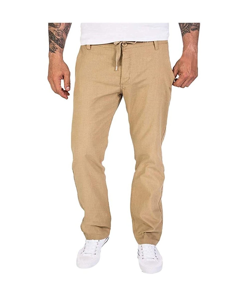 Rash Guards Men's Linen Pants Loose Fit Straight-Legs Stretchy Waist Casual Cargo Trousers with Drawstring - Khaki - CG18ZGE8XGY