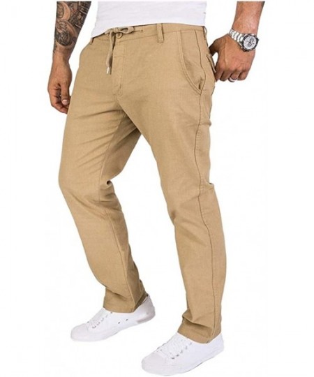 Rash Guards Men's Linen Pants Loose Fit Straight-Legs Stretchy Waist Casual Cargo Trousers with Drawstring - Khaki - CG18ZGE8XGY