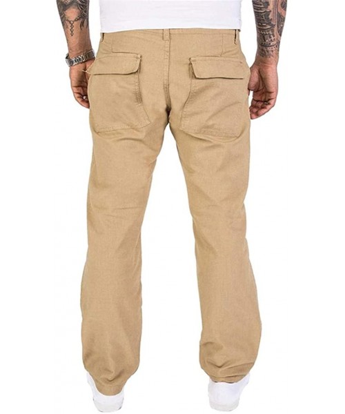 Rash Guards Men's Linen Pants Loose Fit Straight-Legs Stretchy Waist Casual Cargo Trousers with Drawstring - Khaki - CG18ZGE8XGY