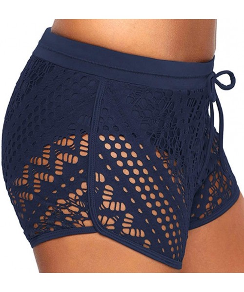 Racing Women's lace Swim Trunks superimposed Hollow Lined Bikini Shorts Bottom - Dark Blue - CE18NTGS7OQ