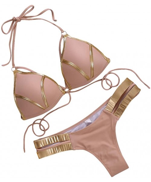 Sets Women's 2 Piece Sexy Swimsuits Off Shoulder Triangle Bikini Set Thong Brazilian - Khaki - CS18RM50ID8