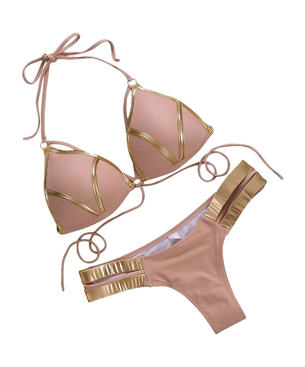 Sets Women's 2 Piece Sexy Swimsuits Off Shoulder Triangle Bikini Set Thong Brazilian - Khaki - CS18RM50ID8