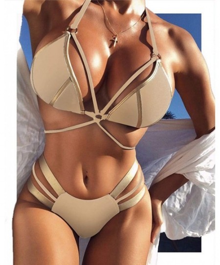 Sets Women's 2 Piece Sexy Swimsuits Off Shoulder Triangle Bikini Set Thong Brazilian - Khaki - CS18RM50ID8