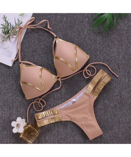 Sets Women's 2 Piece Sexy Swimsuits Off Shoulder Triangle Bikini Set Thong Brazilian - Khaki - CS18RM50ID8