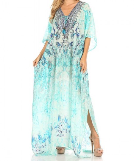 Cover-Ups Yeni Women's Short Sleeve V-Neck Summer Floral Long Caftan Dress Cover-up - Ttu389-turq - CZ197YMSCHC