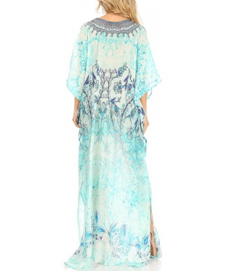 Cover-Ups Yeni Women's Short Sleeve V-Neck Summer Floral Long Caftan Dress Cover-up - Ttu389-turq - CZ197YMSCHC