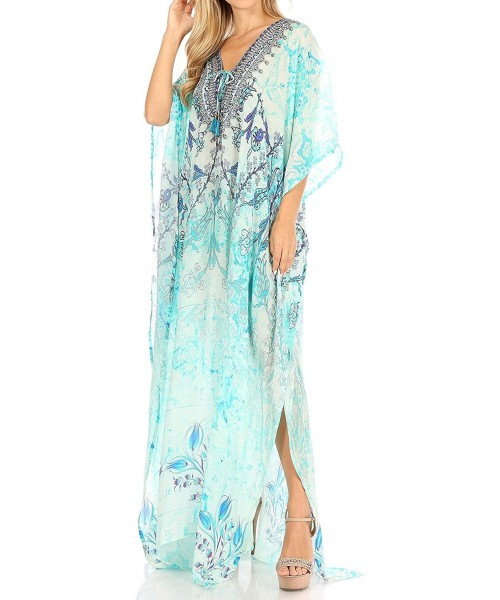 Cover-Ups Yeni Women's Short Sleeve V-Neck Summer Floral Long Caftan Dress Cover-up - Ttu389-turq - CZ197YMSCHC