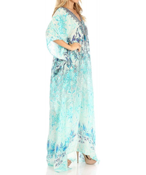 Cover-Ups Yeni Women's Short Sleeve V-Neck Summer Floral Long Caftan Dress Cover-up - Ttu389-turq - CZ197YMSCHC