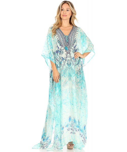 Cover-Ups Yeni Women's Short Sleeve V-Neck Summer Floral Long Caftan Dress Cover-up - Ttu389-turq - CZ197YMSCHC