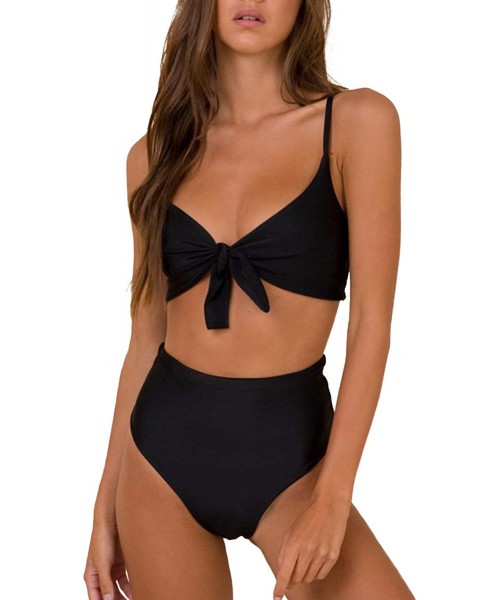 Sets Womens High Waisted Bikini Set Two Piece Swimsuits Gingham Tie Knot Bathing Suit - Black - CF18Q7UO84I