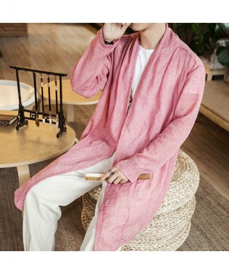 Racing Linen Shirts for Men Kimono Big and Tall Cardigan Long Sleeve Loose Retro Lightweight Tops Blouse - Red - CK18TA5Y4IC