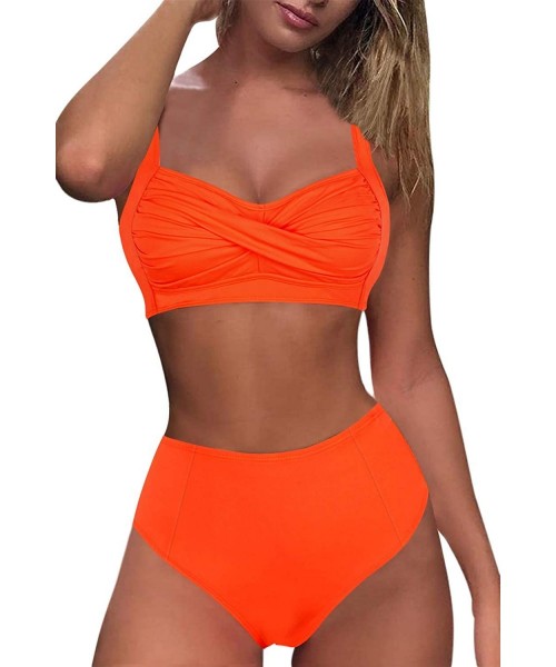 Sets Women Bikini Set Strap Ruched High Waisted Tummy Control Swimwear Swimsuit - Orange - CO199ASYH6R