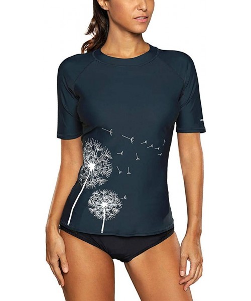 Rash Guards Women's Short Sleeve Rashguard Swimwear UPF 50+ Rash Guard Athletic Tops - Navy - C917YYZEQSI