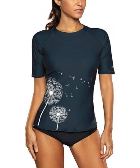 Rash Guards Women's Short Sleeve Rashguard Swimwear UPF 50+ Rash Guard Athletic Tops - Navy - C917YYZEQSI