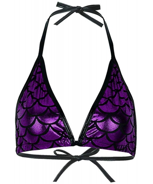 Tops Women Shiny Mermaid Fish Scale Printing Tie Up Bikini Halter Bralette Bra Swimsuit Top - Purple - CV18UXGDHXH