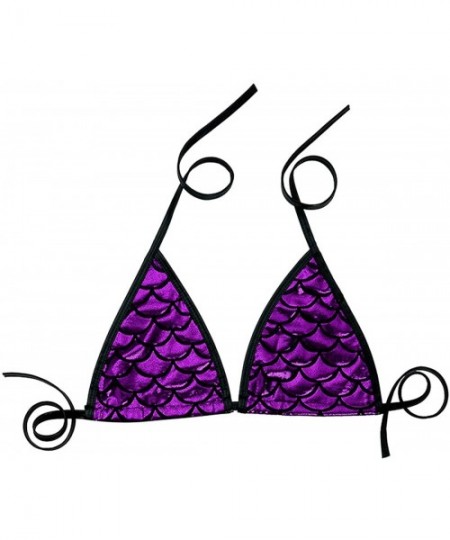 Tops Women Shiny Mermaid Fish Scale Printing Tie Up Bikini Halter Bralette Bra Swimsuit Top - Purple - CV18UXGDHXH