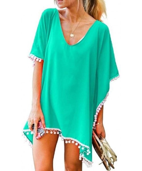 Cover-Ups Beach Chiffon Loose Pom Pom Swimwear Maxi Cover Up Dress - 3 - CI18RGUQS0T