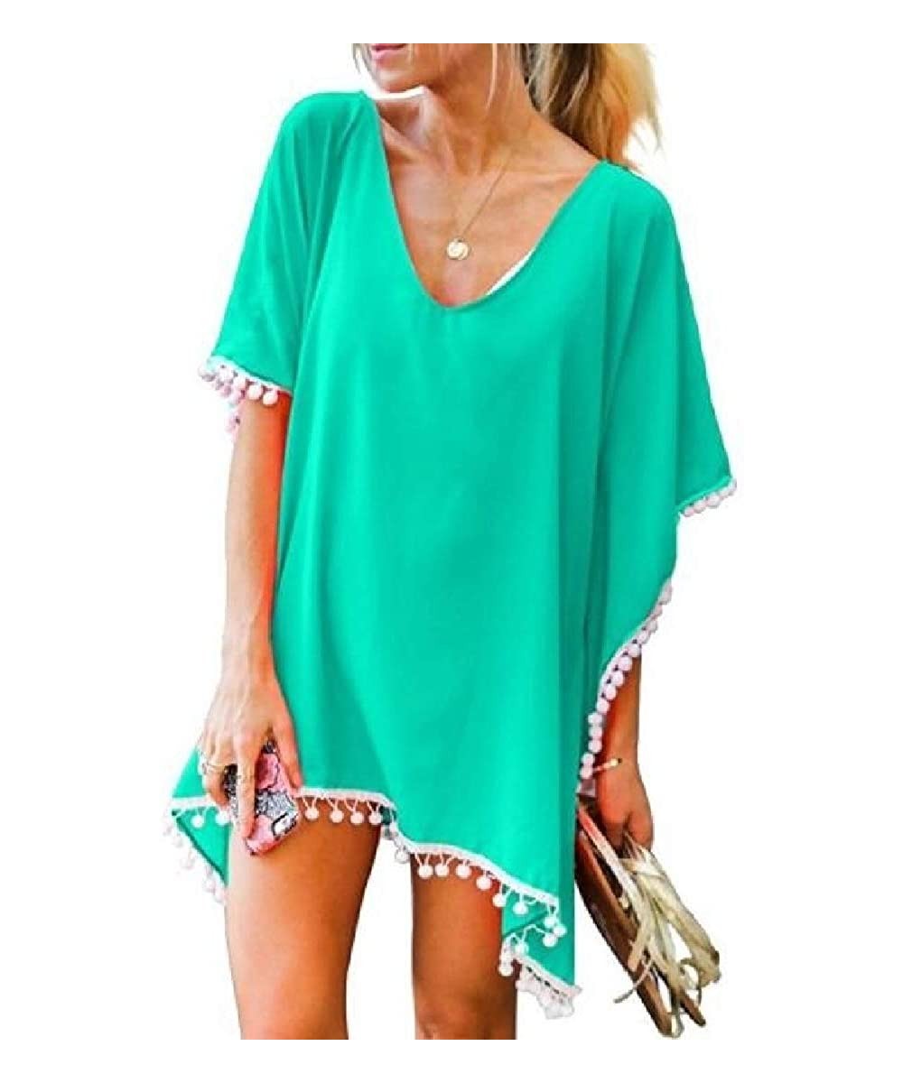 Cover-Ups Beach Chiffon Loose Pom Pom Swimwear Maxi Cover Up Dress - 3 - CI18RGUQS0T