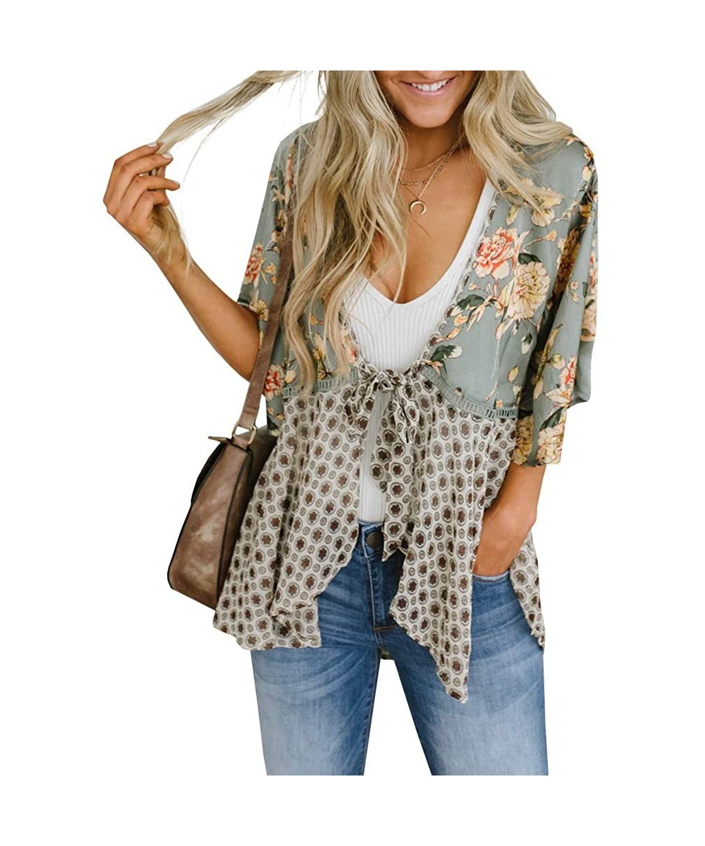 Cover-Ups Women Floral Kimono Cardigans 3/4 Ruffle Sleeve Lightweight Patchwork Flowy Boho Tie Loose Cover Ups - Light Blue -...