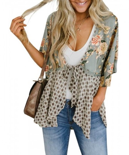 Cover-Ups Women Floral Kimono Cardigans 3/4 Ruffle Sleeve Lightweight Patchwork Flowy Boho Tie Loose Cover Ups - Light Blue -...