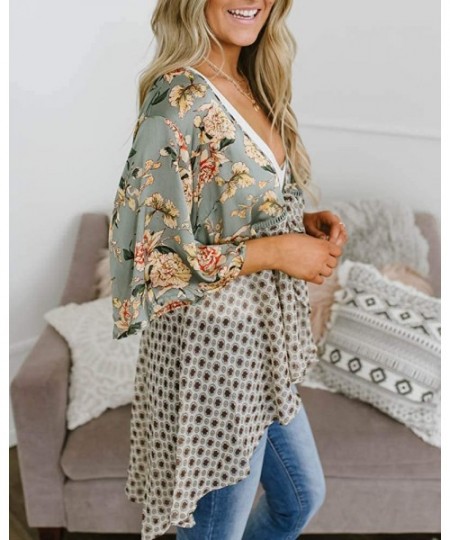 Cover-Ups Women Floral Kimono Cardigans 3/4 Ruffle Sleeve Lightweight Patchwork Flowy Boho Tie Loose Cover Ups - Light Blue -...