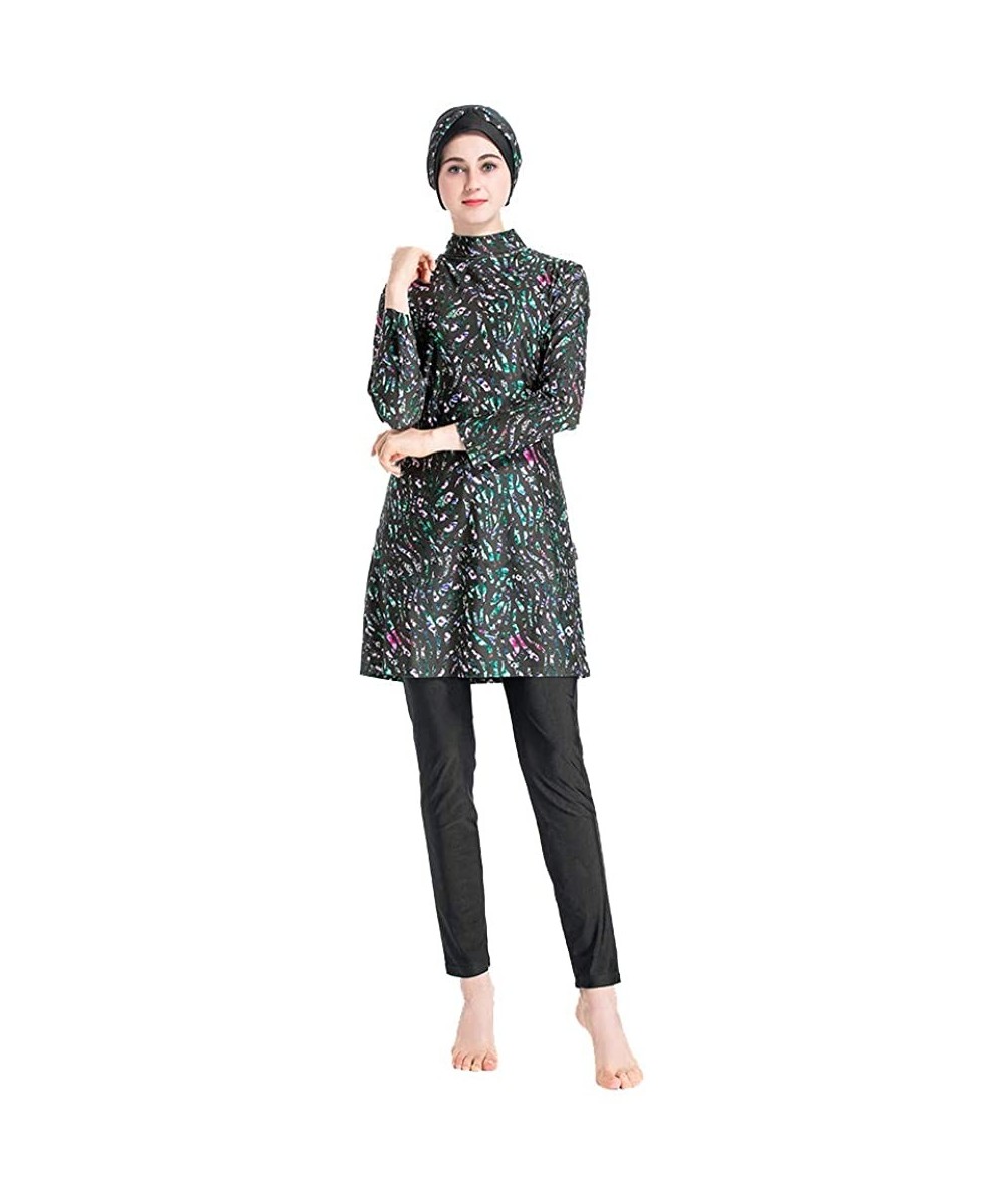 Racing Women Printed Floral Muslim Swimwear Muslimah Islamic Swimsuit Swim Surf Wear Burkini - Black - C018Y3YTKM2