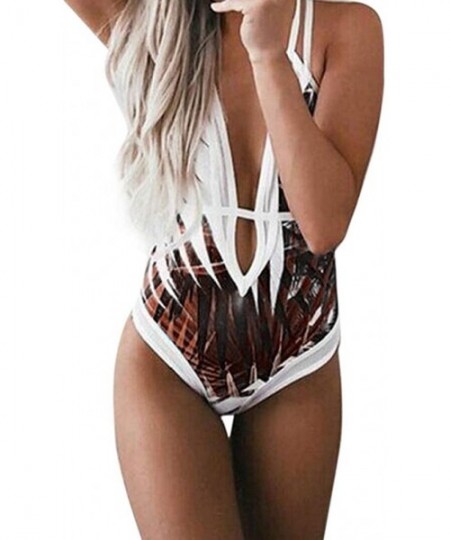 One-Pieces Women Deep V Neck Swimsuit- Sexy Leaves Print Backless Push Up Swimwear One Piece Monokini Bathing Suit - Coffee -...