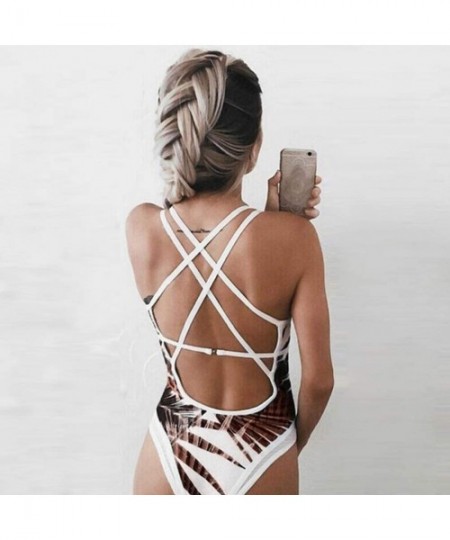 One-Pieces Women Deep V Neck Swimsuit- Sexy Leaves Print Backless Push Up Swimwear One Piece Monokini Bathing Suit - Coffee -...