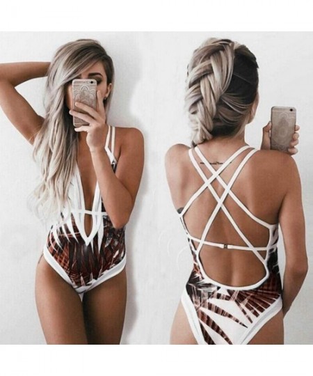 One-Pieces Women Deep V Neck Swimsuit- Sexy Leaves Print Backless Push Up Swimwear One Piece Monokini Bathing Suit - Coffee -...