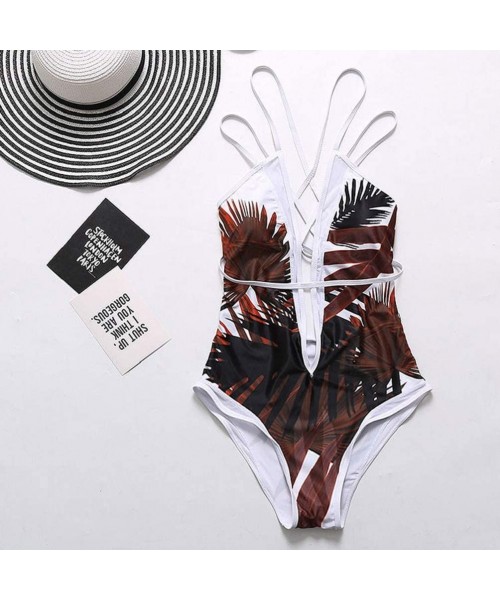 One-Pieces Women Deep V Neck Swimsuit- Sexy Leaves Print Backless Push Up Swimwear One Piece Monokini Bathing Suit - Coffee -...