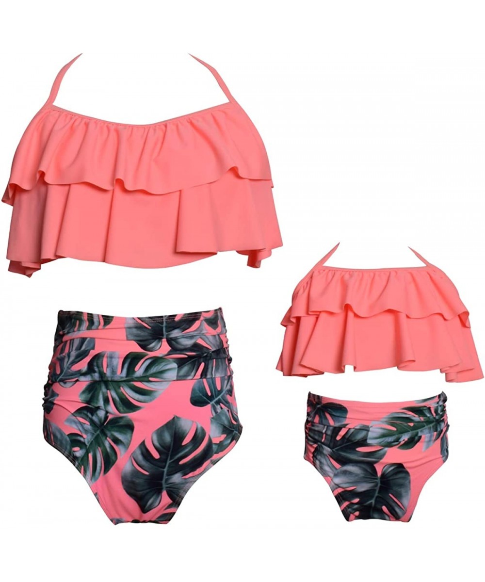 Racing Mommy and Me Swimsuits Ruffles High Waisted Family Matching Bikini Sets - Peach - CF18Q9QIZ78