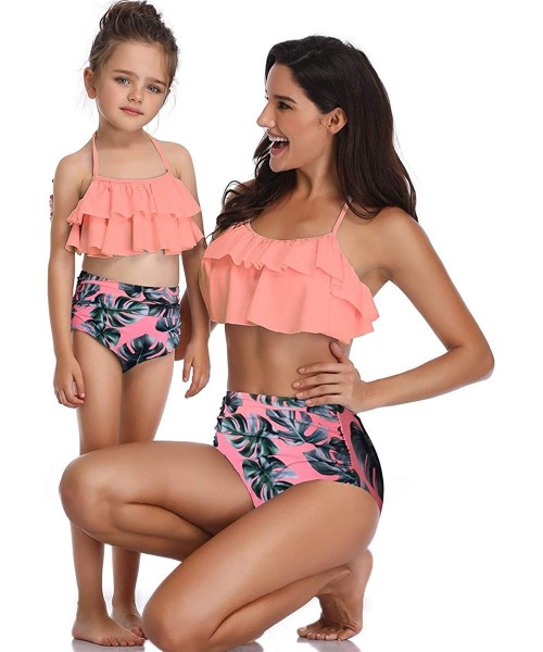 Racing Mommy and Me Swimsuits Ruffles High Waisted Family Matching Bikini Sets - Peach - CF18Q9QIZ78