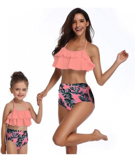 Racing Mommy and Me Swimsuits Ruffles High Waisted Family Matching Bikini Sets - Peach - CF18Q9QIZ78