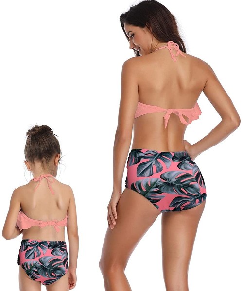 Racing Mommy and Me Swimsuits Ruffles High Waisted Family Matching Bikini Sets - Peach - CF18Q9QIZ78