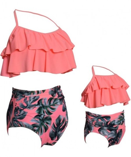 Racing Mommy and Me Swimsuits Ruffles High Waisted Family Matching Bikini Sets - Peach - CF18Q9QIZ78